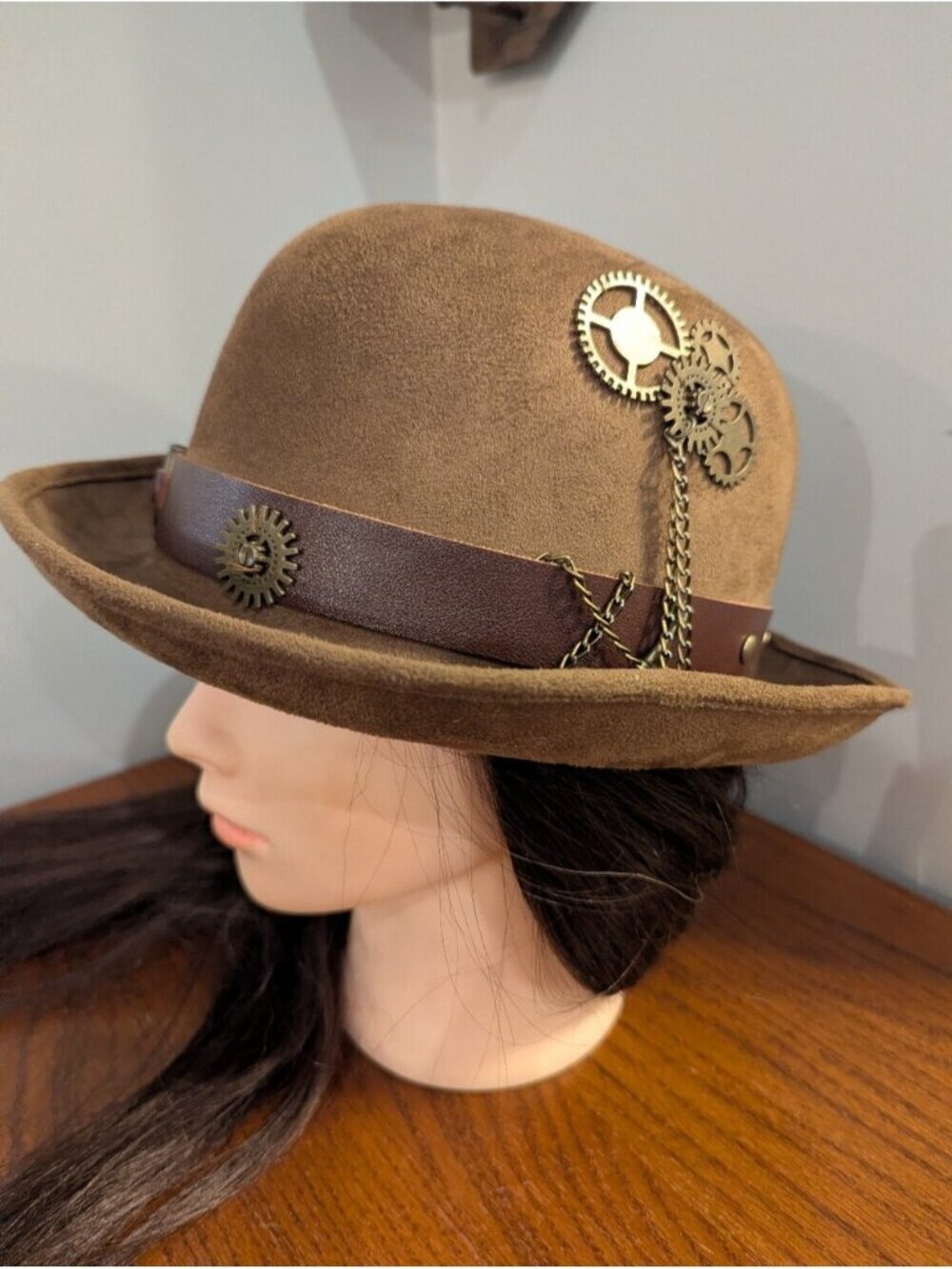 Steampunk Hat with gears Chain & Ammo, Brown bowler hat Renaissance Unisex OS - Picture 6 of 11